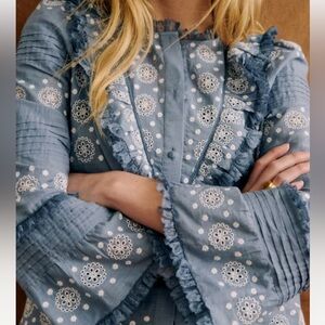 🌊Sezane NELE SHIRT Embroidered Vintage Blue and Ecru Women's Top